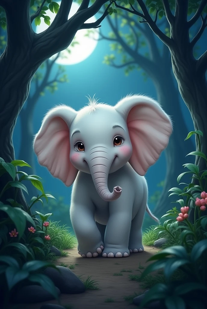 Ek cute white hathi ja raha hai night jungle Mai back side ka sence hai