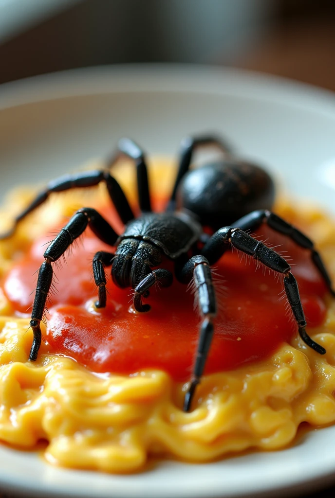 A exquisite and enticing high-resolution, ultra-realistic scrambled eggs with A hybrid of an extremely beautiful Ukrainian model with the body of a tarantula.with glossy tomato sauce
on a modern plate. It is delectable texture contrasts with the creamy and glossy creating a mouthwatering visual feast.This striking, one-of-a-kind dessert experience, captured in a million-small-detailed photograph, embodies a sense of indulgence and luxury. The intricate presentation and attention to detail elevate the atmosphere, making it a truly memorable and unique culinary masterpiece., photo, 3d render, typography, product, poster, vibrant