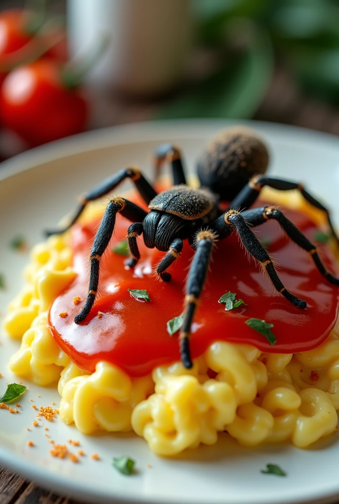 A exquisite and enticing high-resolution, ultra-realistic scrambled eggs with A hybrid of an extremely beautiful Ukrainian model with the body of a tarantula.with glossy tomato sauce
on a modern plate. It is delectable texture contrasts with the creamy and glossy creating a mouthwatering visual feast.This striking, one-of-a-kind dessert experience, captured in a million-small-detailed photograph, embodies a sense of indulgence and luxury. The intricate presentation and attention to detail elevate the atmosphere, making it a truly memorable and unique culinary masterpiece., photo, 3d render, typography, product, poster, vibrant