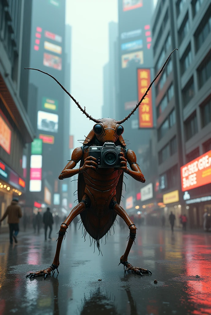 Humanoid cockroach , cyberpunk style, posing by Photo during a rainy day , in a futuristic city
