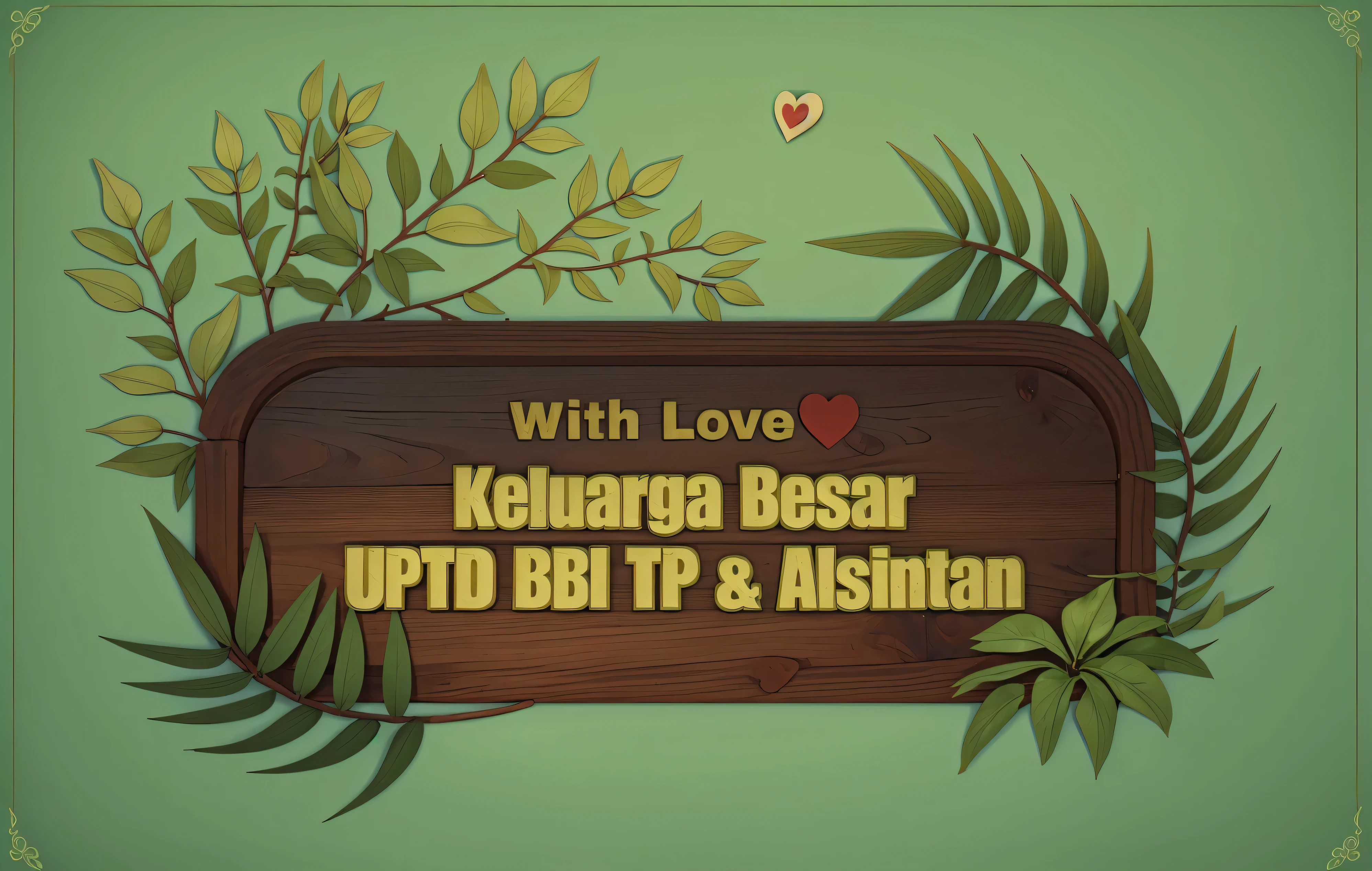 a wooden sign with a heart and leaves on it, with, with lovely look, with text, Green writing with white list, with long, clematis theme banner, banner, sleep with love, web, kuntilanak on bayan tree, wooden decoration, with kind face, website banner, telegram sticker design, to, assamese, new design, logo