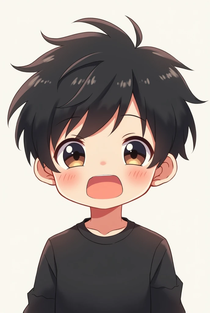 Cute male anime cartoon character with black hair, black sweatshirt, black eyes, closed eyes and open mouth.