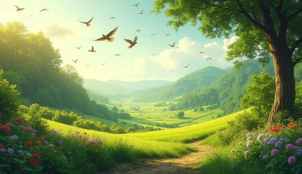 A beautiful landscape of fields, gardens, and a forest, with birds flying and chirping melodiously in the background."