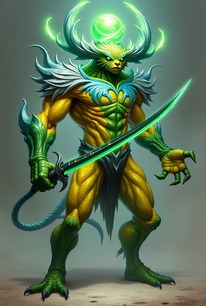 Personnage inspiré d'un monstre avec un corps vert jaune est bleu clair vif sur sont corps une gémme sur sont sur ca tête qui pivote grâce a sont cercle sur sa tête couleur vert vif un un katana vert avec qu'ant il tien est de couleur verte argenté des jambes jaunes est verte pour c'est pied des bras musclé couleur vert avec du mi-jaune sur c'est poing ou it sont katana de la gauche
Des yeux luisant vert une tête de monstre vert avec des point jaune sur sa peau de sont visage