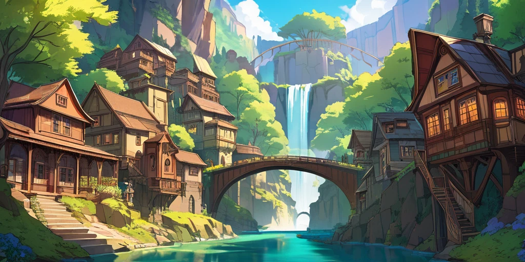 Draw a lofi anime poster, village, canyon, Steampunk decoration, cascade, Light, forest, beautiful color palette brown glass, couleurs saturées vibrantes, Artwork, Aucun humain, le jours, Anime Theme