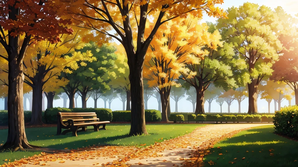 A tranquil autumn park at sunset, with golden leaves covering the ground. At the center, a large, old oak tree stands with wide, outstretched branches. Beneath the tree, a worn wooden bench faces the winding park path. The bench and tree are bathed in the warm, soft glow of the setting sun, with long shadows stretching across the leaf-strewn path. The scene is quiet and still, capturing the simple beauty of the natural surroundings.