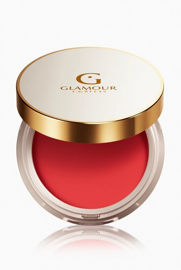 Create an image of a powder foundation with a gold and white lid. The foundation should be red in color and the packaging should display an elegant label with the brand name Glamour Express. transparent white background