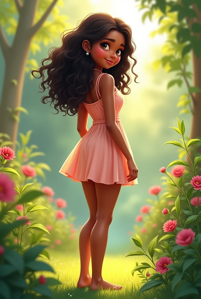 8-year-old cute indian girl, standing in a garden, (wearing pastel color short length sundress:1.3), big curvy ass, average breast, fit body figure, legs visible, beautiful legsbrown skin colour, looking back at the viewer, curves, view from back bottom 