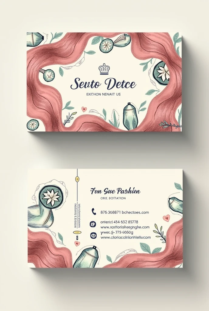 Design a visually striking business card for a boutique clothing shop that features custom hand-drawn illustrations. The front of the card should showcase a whimsical and elegant pattern inspired by fashion elements such as flowing fabrics, intricate stitching, and vintage sewing tools. Integrate subtle fashion-related icons like hangers, buttons, or dress forms within the design to emphasize the brand's focus on clothing. The shop's name, logo, and tagline should be prominently displayed in an elegant, legible font, harmonizing with the illustrations. On the back of the card, include clear contact information, including the shop's address, phone number, website, and social media handles, framed by a border of delicate, hand-drawn floral motifs. Opt for a soft, muted color palette with pastel tones, and use a matte finish or uncoated paper to ensure the illustrations have a tactile, artistic feel.