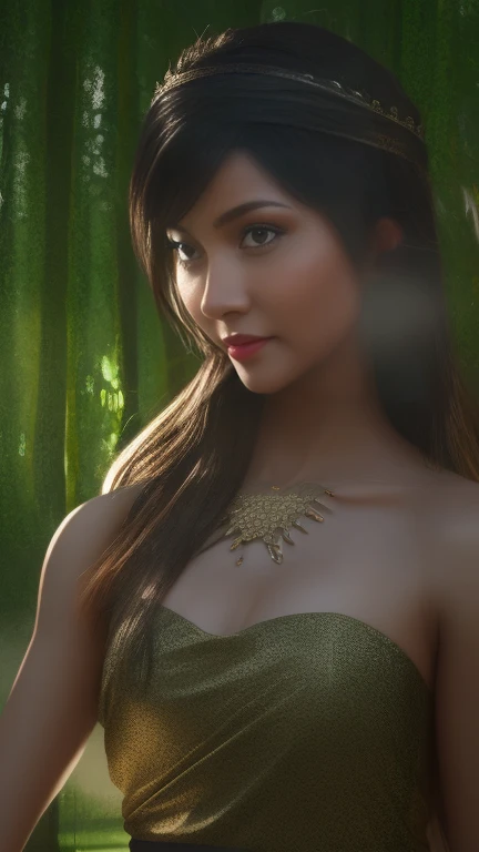 forest, bellydancer, mongolian, hijabi, cleavage, reflection light, chiaroscuro, depth of field, cinematic lighting, ray tracing, Sony FE GM, UHD, super detail, masterpiece, textured skin, high details, best quality, award winning,3D,hdr(HighDynamicRange),Ray traching,NVIDIA RTX,Hyper-Resolution,Unreal 5,Subsurface scattering、PBR Texture、post-proces、Anisotropy Filtering、depth of fields、maximum definition and sharpness、Many-Layer Textures、Albedo e mapas Speculares、Surface coloring、Accurate simulation octane rendering of light-material interactions、Two-colored light、largeaperture、Low ISO、White balance、the rule of thirds、8K raw data