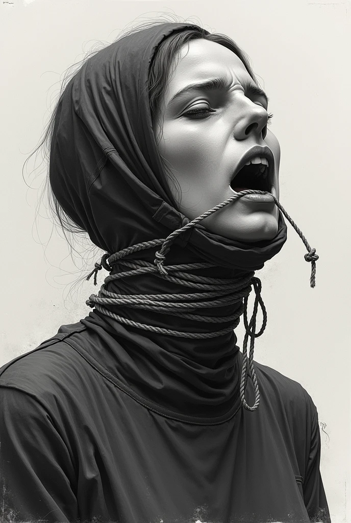 a drawing of a woman with a balaclav and a tie around his neck, with mouth open, alternate album cover, just art for dark metal music, twisted god with no face, mouth wired shut, by Adam Marczyński, death grips, dark illustration, strangled with rope, dark surreal art, silent, by Kristian Kreković, anatomically correct, super detail, high details, highres, 4K