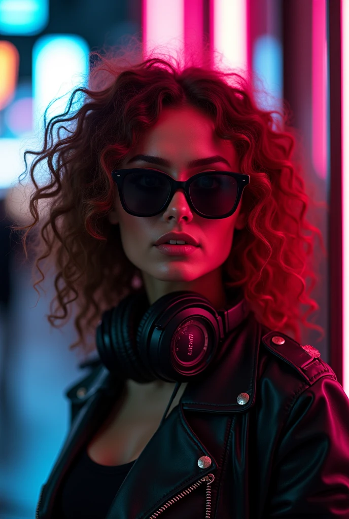 chestnut hair . beautiful woman with curly hair and sunglasses wearing big headphones - headset or dark room surround neon cyberpunk at night coordinator neon glow