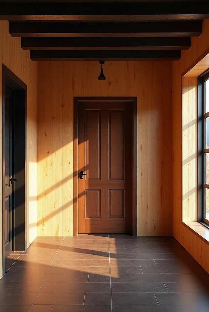 Cabin interior with painted grooved plywood, dark brown ceramic floor, and black exposed beams, chestnut colored door