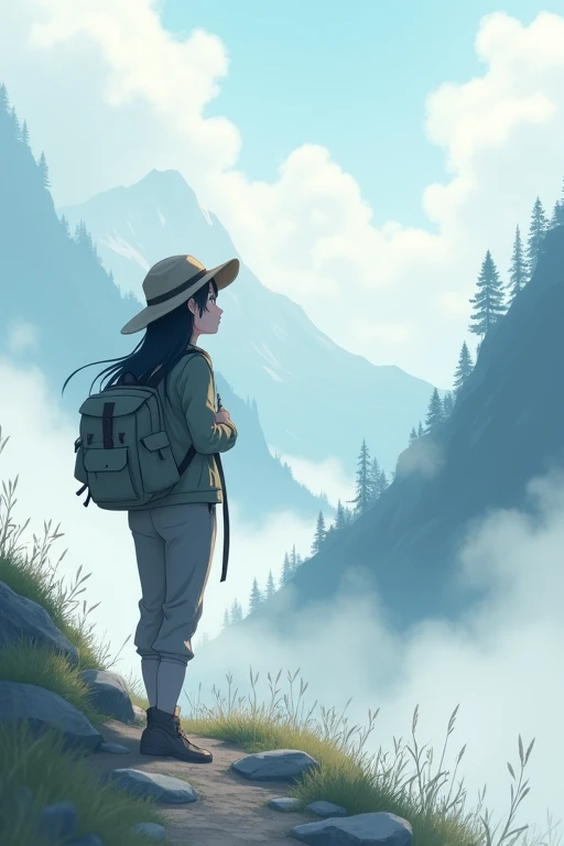 score 9,score 8 up,score 7 up,From front,masterpiece,HDR,illustration,Anime,bokeh,1 girl,black hair,big breasts,earring,jacket,long pants,safari hat,backpack,She looks up,She grabs the shoulder straps of her backpack,White thick fog,The whole area is covered with white fog,morning mist,mountain trail