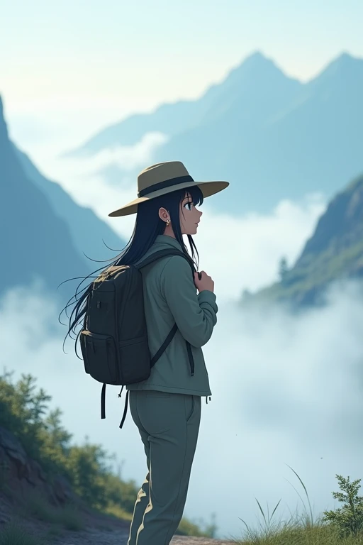 score 9,score 8 up,score 7 up,From front,masterpiece,HDR,illustration,Anime,bokeh,1 girl,black hair,big breasts,earring,jacket,long pants,safari hat,backpack,She looks up,She grabs the shoulder straps of her backpack,White thick fog,The whole area is covered with white fog,morning mist,mountain trail
