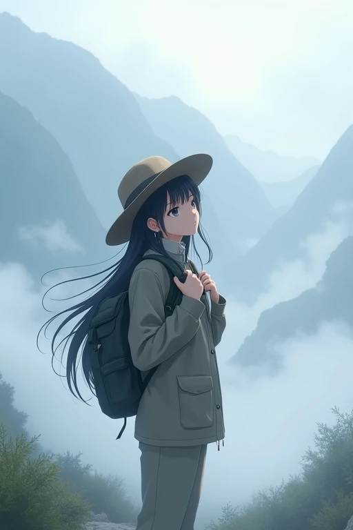 score 9,score 8 up,score 7 up,From front,masterpiece,HDR,illustration,Anime,bokeh,1 girl,black hair,,earring,jacket,long pants,safari hat,backpack,She looks up,She grabs the shoulder straps of her backpack,White thick fog,The whole area is covered with white fog,morning mist,mountain trail