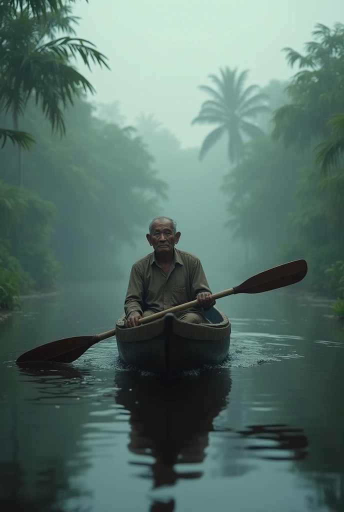 ( photo realism 1.2) photo realistic high detailed old Malay male at swamp paddling canoe cinematic view dramatic view morning mode fogs effect