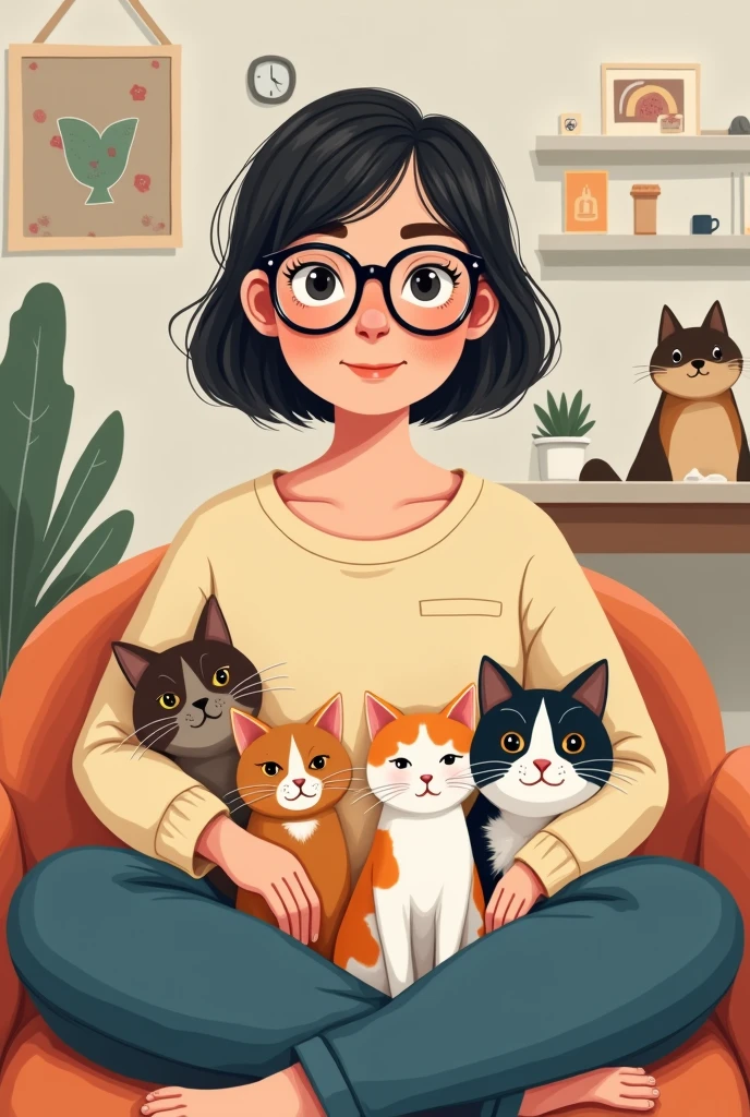 a girl, chubby, with short dark hair. with white skin and who wears glasses and works as a Graphic Designer and with his three cats and a dog.
