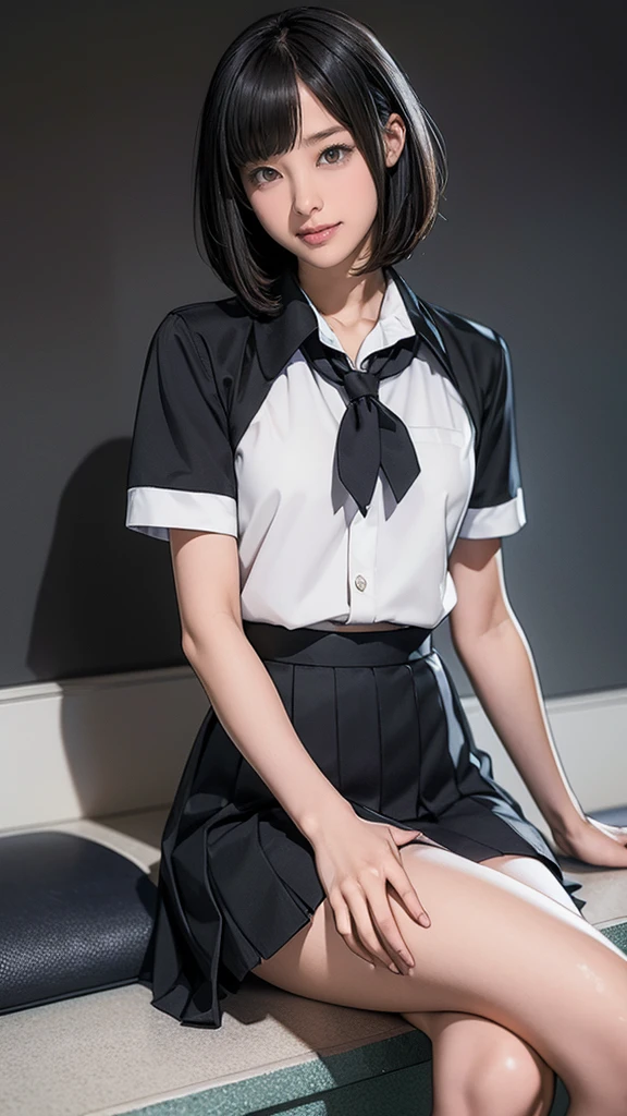 masterpiece, Better Quality, In detail, , Very slim, Bobcut, Black Hair, Expressive eyes, Perfect Face, Captivating smile, school uniform, (mini skirt) (Crossing your legs), Sexy thighs, Medium chest