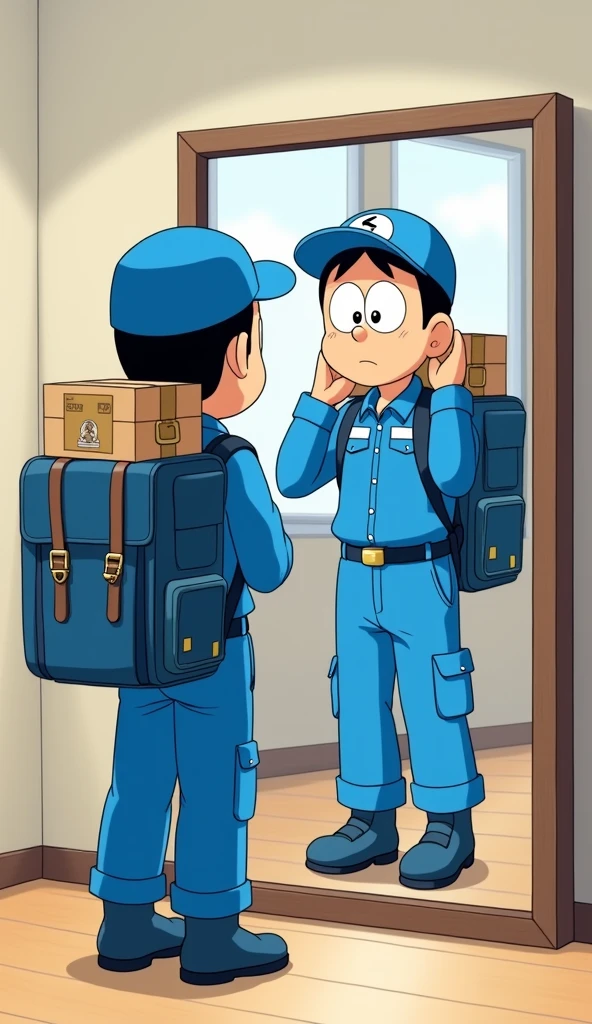 Nobita wears a shipper uniform: Nobita stands in front of the mirror, wears a blue shipper uniform, wears a backpack filled with packages,