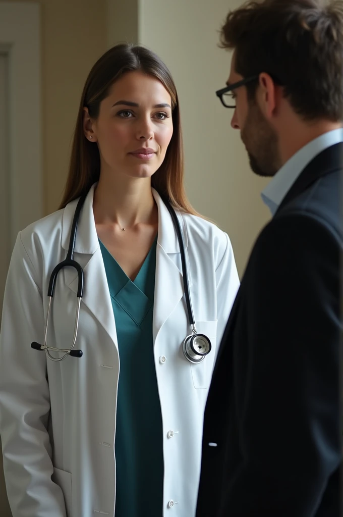 A female having one mole on upper left lip wearing a doctor dress and is talking with a male wearing a black coat.