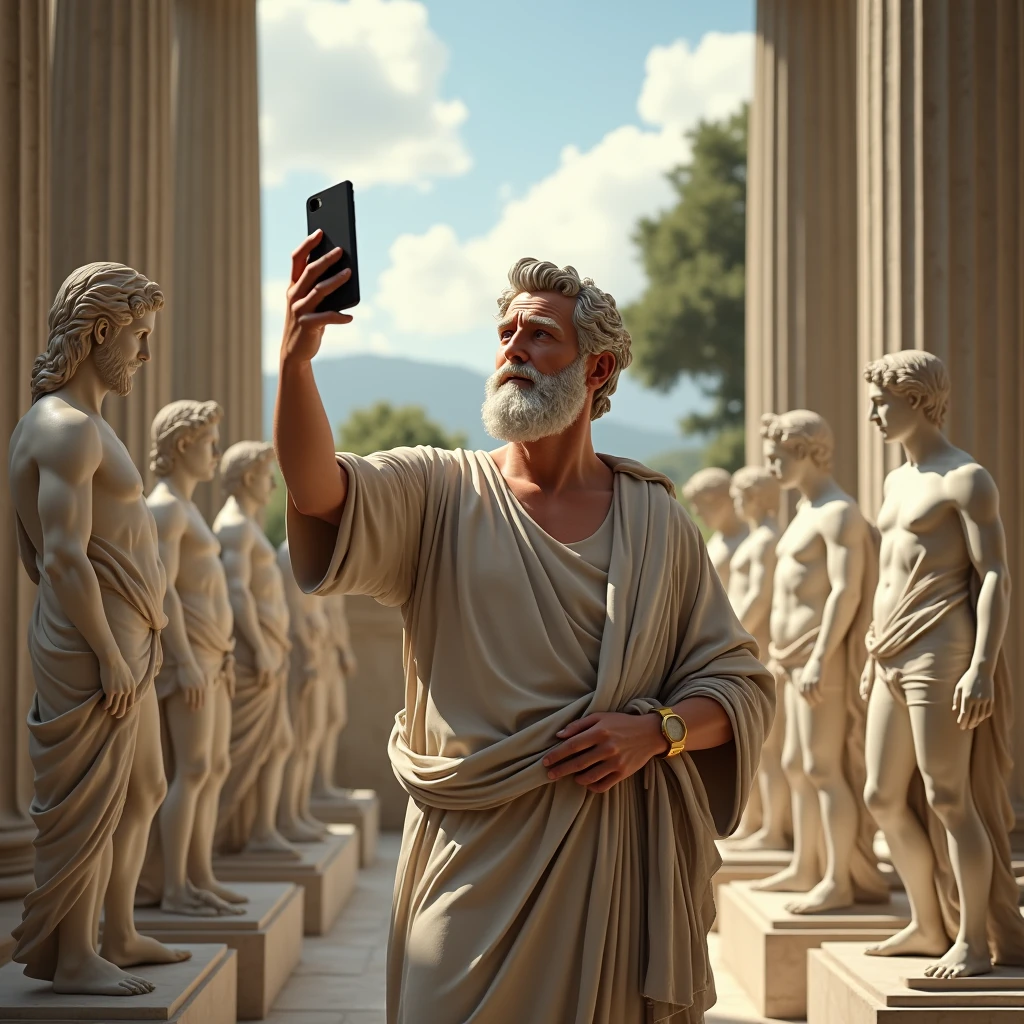 Aristotle taking a selfie with his sculptures in tribute