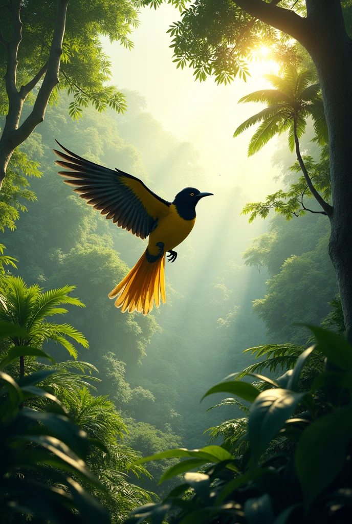 A guira cuckoo flying over a green tropical forest