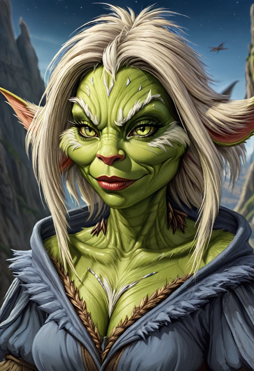 Anthropomorphic female grinch grasshopper mage. Official Art – Charecter profile. An Award-Winning Digital Masterpiece In 4K Ultra HD, Extreme Detail And Intricate Realism. Symmetrical Face. This Concept Art Brought To Life By The Hands Of Artists Like Wlop & Artgerm In A Stunning 2D Vector Illustration.Background Is A Panoramic Vista.
