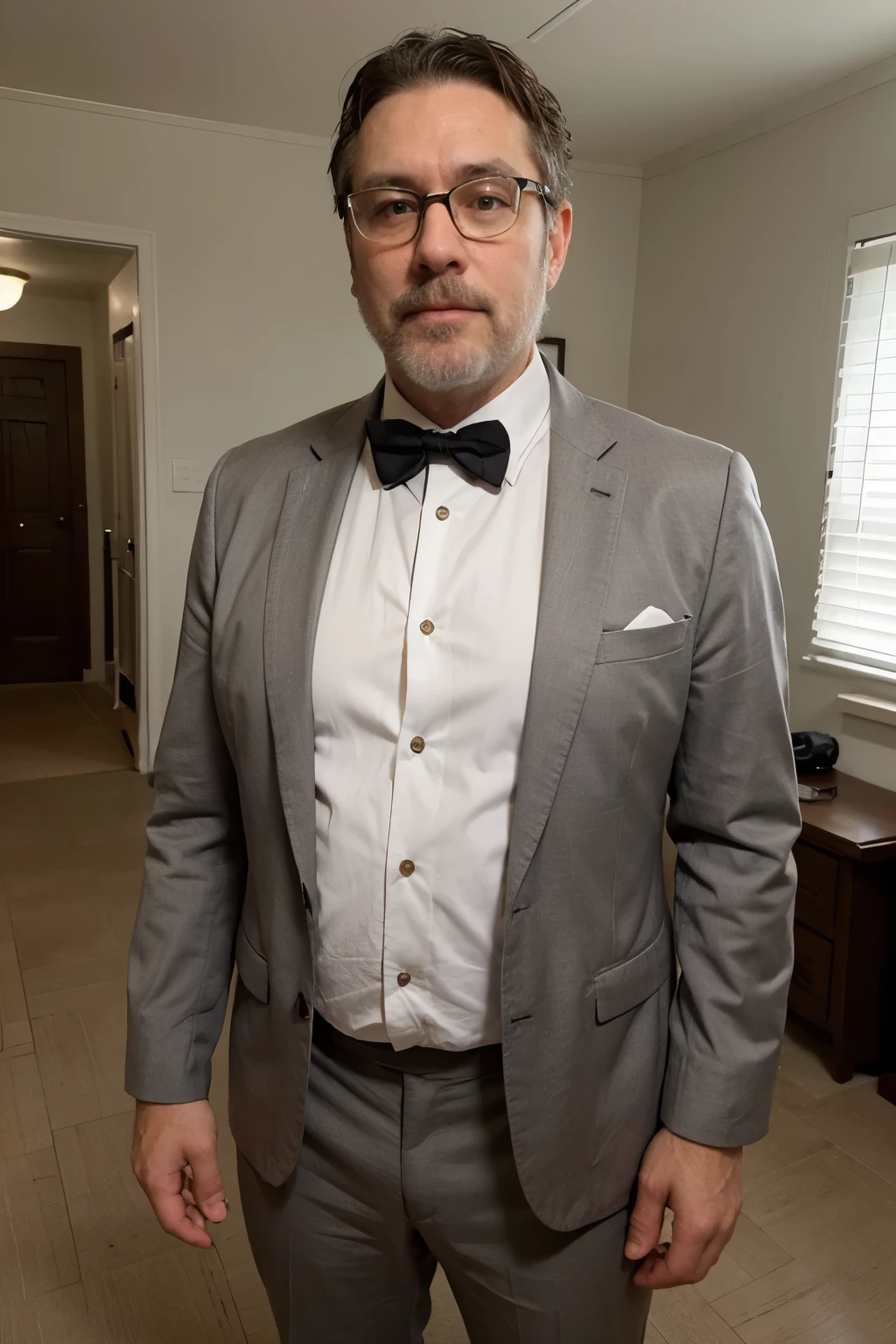 46 year old man, with gray beard, Average height, Eyeglasses, PROJECT BELLY, wearing a sloppy formal outfit