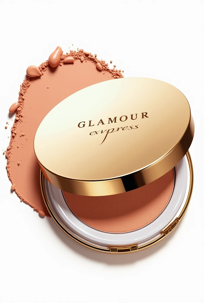 Create an image of a powder foundation with a gold and white lid. The foundation should be red in color and the packaging should display an elegant label with the brand name Glamour Express. transparent white background