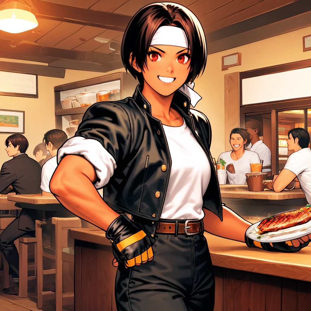 single,female,eating grilled fish in a restaurant,short height,dark hair,dark skin,red eyes,((rolled up black jacket)),fingerless gloves,white T-shirt,(white headband),black pants,white shoes,brown belt,cute,indoor-oriented,charming,top quality,neat face,neat eyes,confident,smiling,eating grilled fish in a restaurant full of confidence, toothy smile, eating barbecued meat in a restaurant, busy