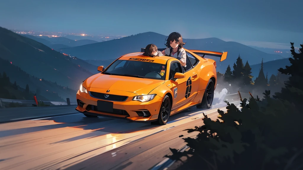 Two girls in a drifting car going down a mountain at night
