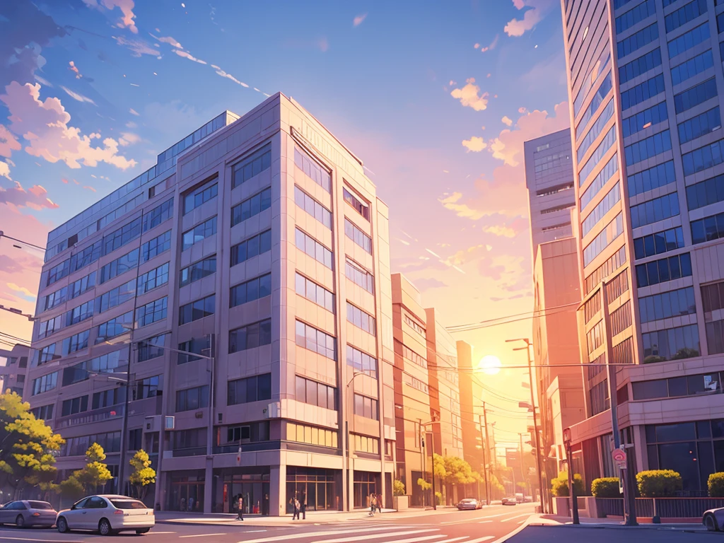 An office building with the setting sun shining on it.、computer、Dim atmosphere、Extremely delicate anime-style background illustration
