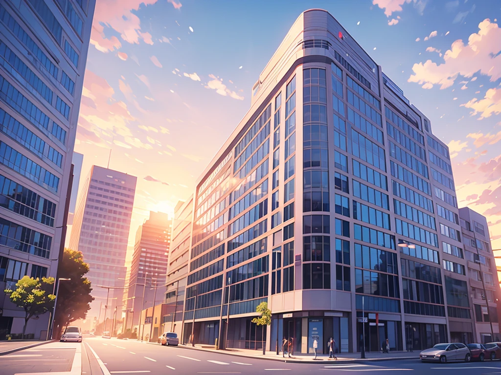 An office building with the setting sun shining on it.、computer、Dim atmosphere、Extremely delicate anime-style background illustration