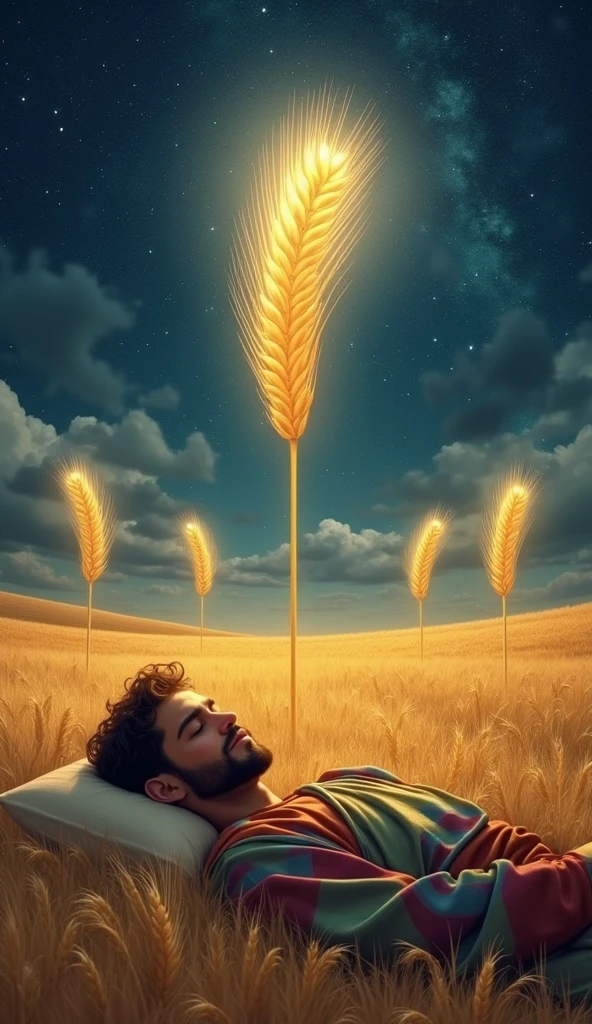 create an ultrarealistic image and ok, "A dreamlike and symbolic scene showing Joseph, a young man in a colorful tunic, sleeping peacefully, with a calm expression. acima dele, visualize the elements of the dream: Sheaves of wheat, representing his brothers, bowing before a larger sheaf in the center, symbolizing Joseph. Ao fundo, a landscape of golden fields under a starry sky, with the stars and moon shining brightly, creating a mystical and prophetic atmosphere. Os Sheaves of wheat devem ter um brilho suave, standing out in the dark environment. The image should convey the idea of ​​a divine vision and the grand destiny that awaits Joseph."