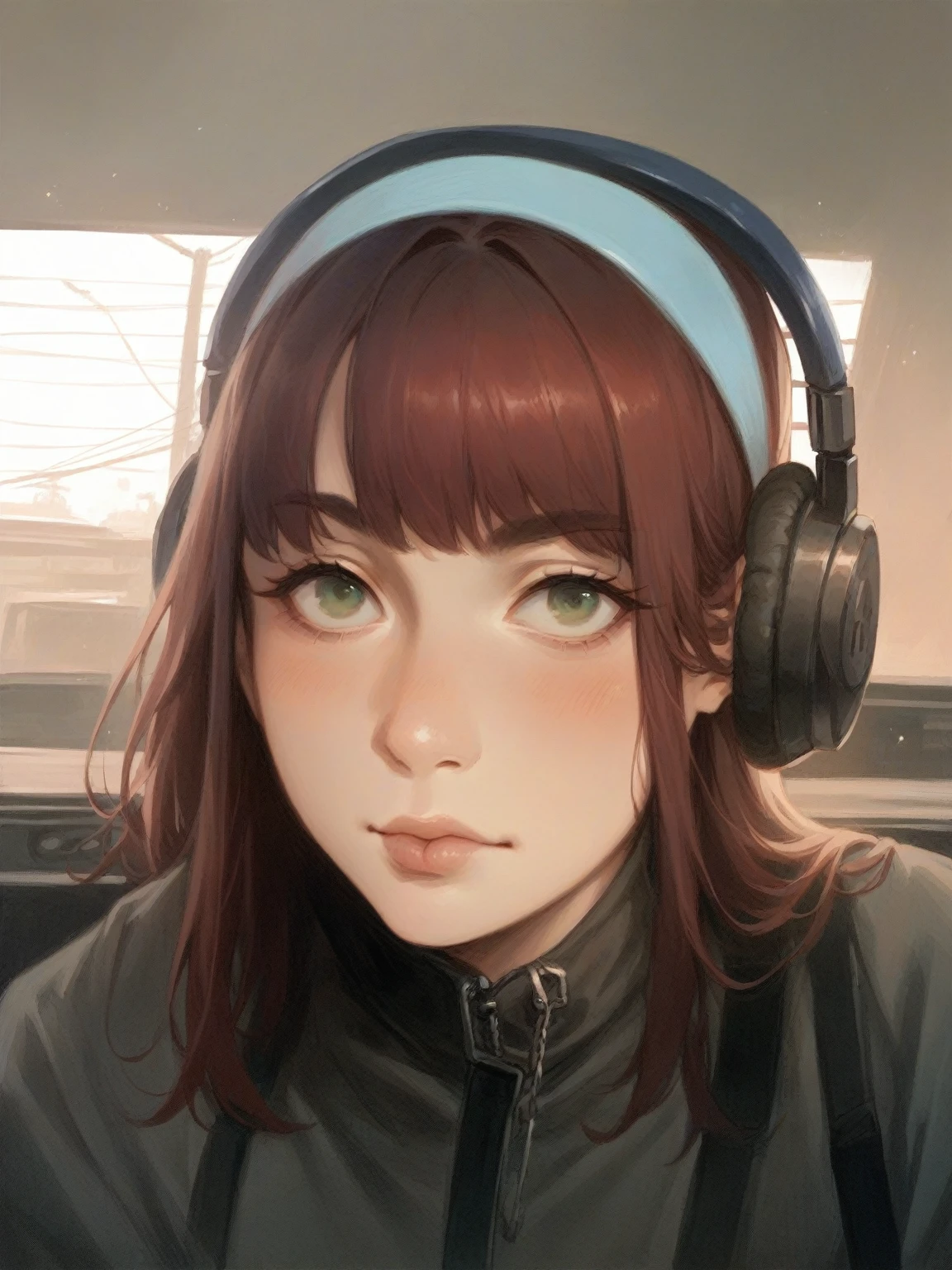 1 , 独奏, longye hair, blushful, bangss, dark red hair, headphone, make-up, dark green eyes, cloused mouth, blue hairband, rosy lips