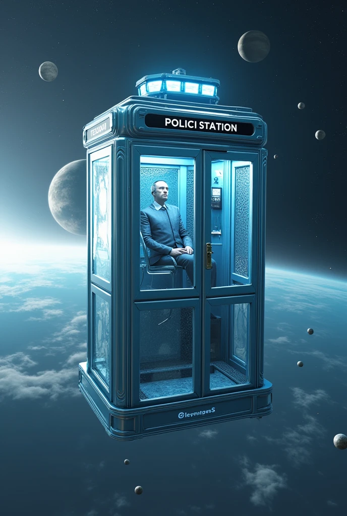 Há uma cabine telefônica flutuando no universe com planetas ao fundo, rendered in keyshot, police station, futuristic cabins, cabine no estilo TRON LEGACY, cabin made of glass, transparent cabins, universe, space sideral, represented as a 3D rendering, 3D rendering beep, space, Police Booth, TEDOMA written at the top of the cabin, promotional rendering, sci-fi magic highly detailed.