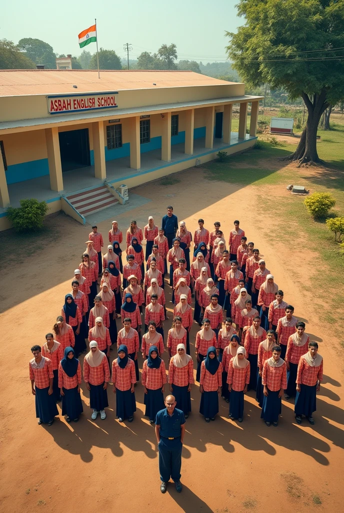 Create an aerial view 9:16 ratio portrait image of a school ground, ground is soily and have little bit grass where students are standing in an organized manner and facing to school building, forming the letters 'A S B A H' with their bodies. Few remaining students made border to letter 'A S B A H'. Students uniform colour orangish pink small box checker shirt and navy blue pant.
Teachers stand infront of the students and bottom of school building. 15 Male Teachers in right side uniform creamy yellow colour shirt and black pant. 20 Female teachers in left side in Muslim black nakab and creamy scarf.
school have long length two floors with creamy yellow colour walls with blue colour bottoms. School have open terrace. School have boundary walls. School out side is farming land present.
The scene should be set during a Indian national fastival Independence Day of india celebration. A tri colour Indian flag in a poll setted on the school building.
The background should include a school building with a visible sign reading in red colour 'ASBAH ENGLISH SCHOOL,' a mini garden, and a large tree. The atmosphere should feel vibrant and festive, reflecting the spirit of the celebration."