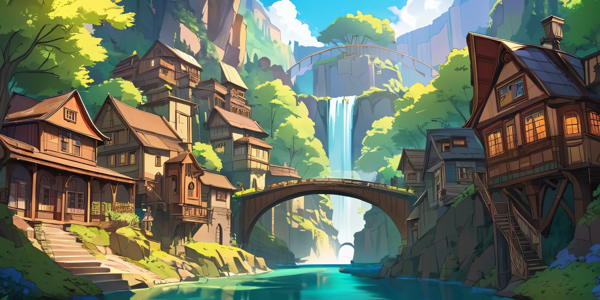 Draw a lofi anime poster, village, canyon, Steampunk decoration, cascade, Light, forest, beautiful color palette brown glass, couleurs saturées vibrantes, Artwork, Aucun humain, le jours, Anime Theme