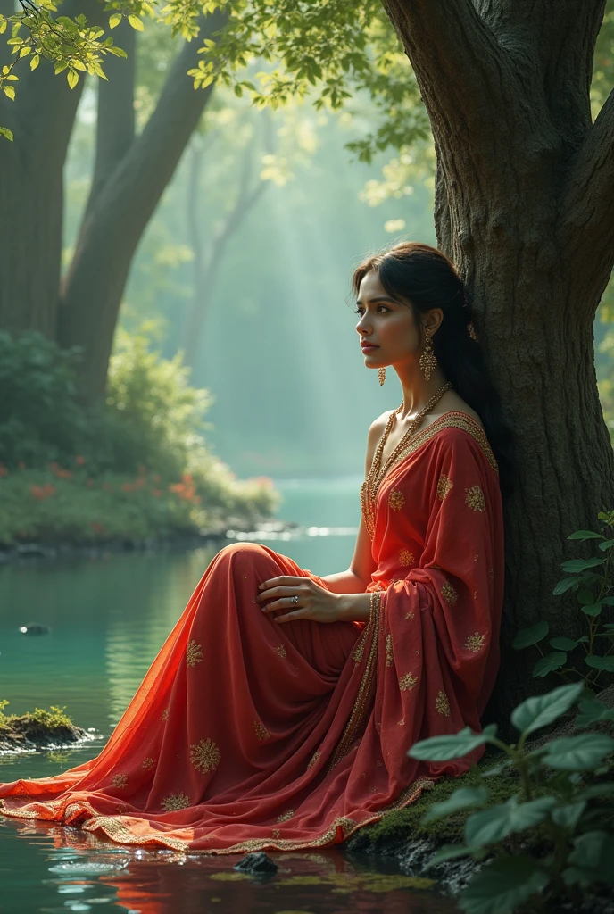 Create image of  a young gorgeous  woman in saree seating beside a river leaning  against a tree in a forest 