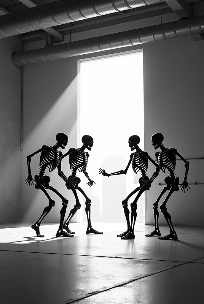Muscular skeletons working out at the gym in black and white