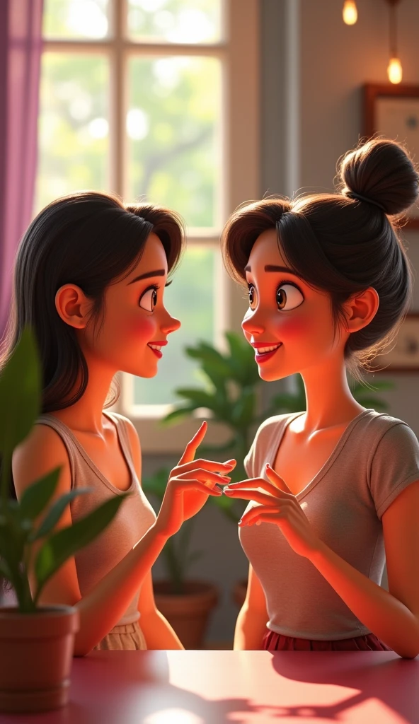 woman talking to another woman in pixar style in 3D
