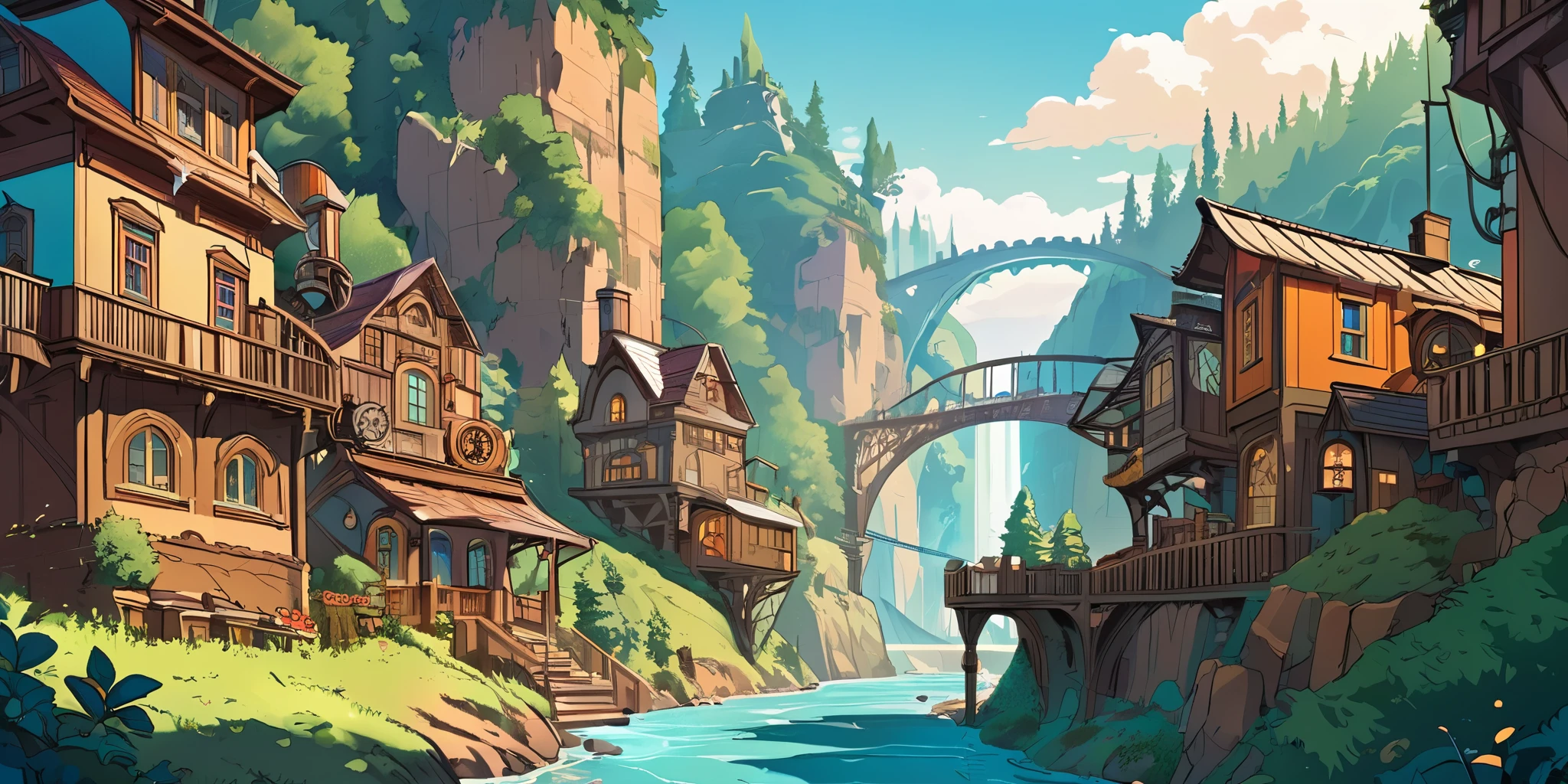 Draw a lofi anime poster, village, canyon, Steampunk decoration, cascade, Light, forest, beautiful color palette brown glass, couleurs saturées vibrantes, Artwork, Aucun humain, le jours, Anime Theme