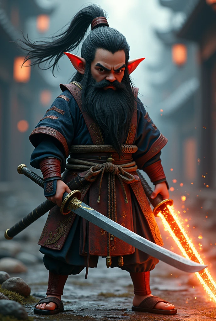 A young and strong samurai gnome, wearing medieval samurai clothes, long dark hair, with a powerful aura emanating from his sword, dramatic lighting, digital art, intricate details, vibrant colors, cinematic composition, unreal engine, highly detailed, photorealistic, masterpiece