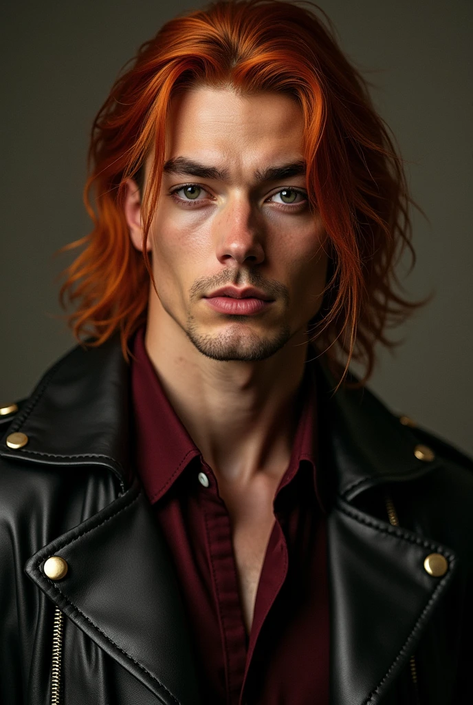 A man with almond-shaped eyes, full lips, a delicate nose, a strong jawline, and well-defined muscles. Long, fiery red hair, a soft yet profound gaze with a hint of ironic humor. A confident posture, often seen in a leather jacket over a burgundy shirt.
