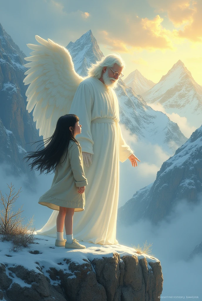 Create a girl with glasses, long black hair, standing on a mountain and lost, but your grandfather in the form of an angel is taking care of her and guiding her.