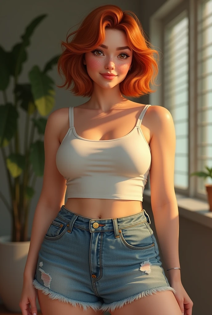 Full-body woman wearing jean shorts and a tank top with short straps, russet hair, freckles, big body, white skin color, com freckles