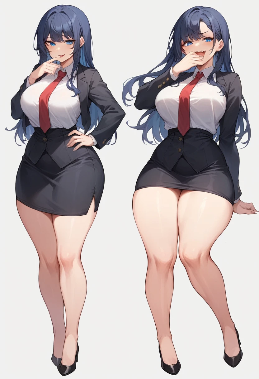 1adult woman, solo, long straight hair, hair bangs, bangs covering forehead, standing, dark blue hair,black blazer, white shirt, red tie, black pencil skirt, busty, thick thighs, wide hips, big soft thighs, shapely legs, black high heels, full body shown, white background,simple eyes, long fingernails, thick thighs pressed together, smug face, smug, smirk, teasing, blue eyes, entire body shown,one hand covering mouth , half-lidded eyes, open mouth, hand on waist, full body showing