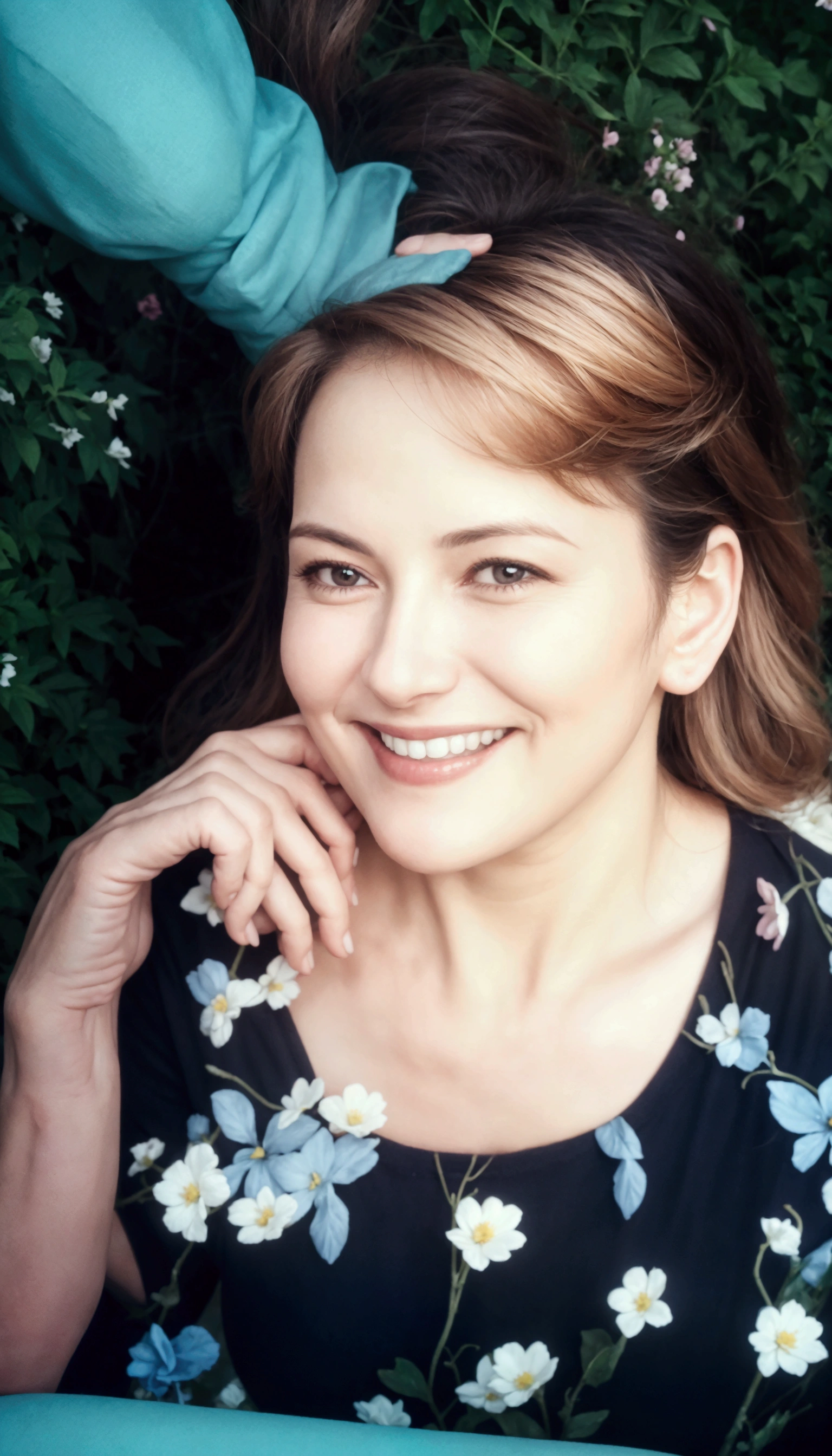 a 50 year old woman, posing fror a picture, profile image, She is sitting in a garden with flowers., and smiling.