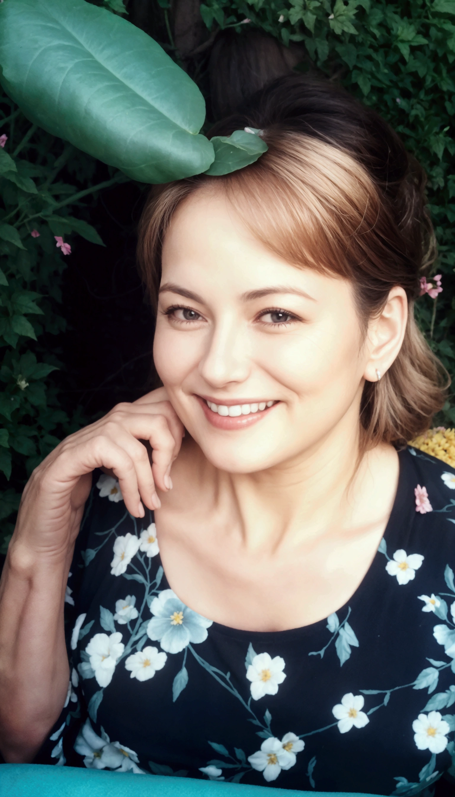 a 50 year old woman, posing fror a picture, profile image, She is sitting in a garden with flowers., and smiling.